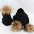 Venda quente de inverno chapéu com pom poms de lã de cor pura de malha mulheres inverno chapéu e lenço conjunto